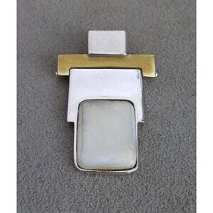 Vtg MODERNIST Articulate MOP STERLING Silver Brass 2Tone PENDANT 2" Taxco Mexico